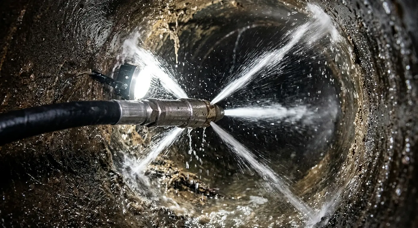 High-pressure hydro jetting nozzle cleaning sewer pipe for Emergency Drain Service in Bermuda Dunes