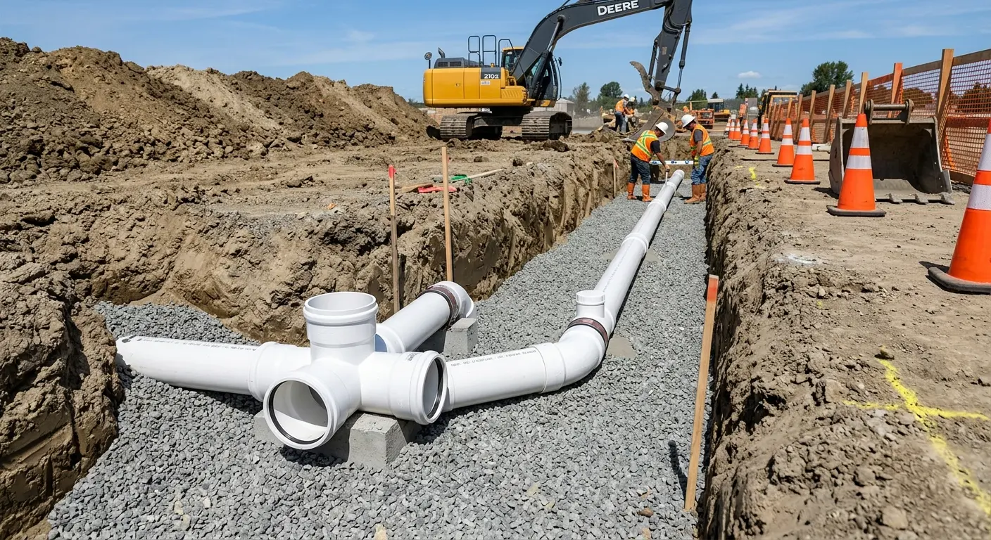 New PVC sewer pipe installation in open trench for Commercial Drain Cleaning in Bermuda Dunes