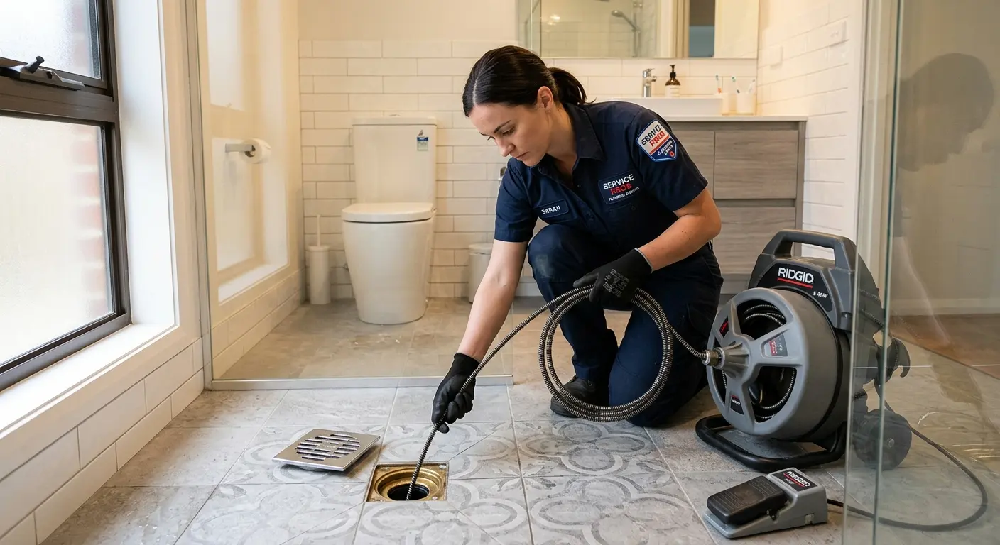 Technician clearing a bathroom floor drain for Clogged Drain Repair in Bermuda Dunes
